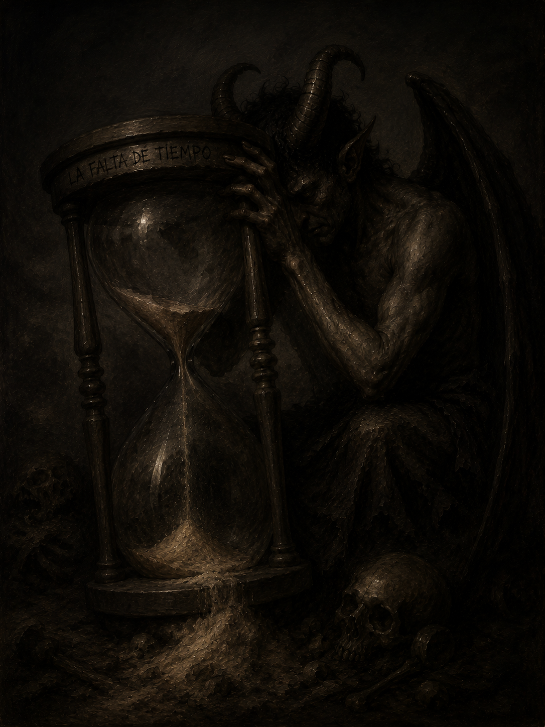 Reloj de arena oscuro junto a una calavera